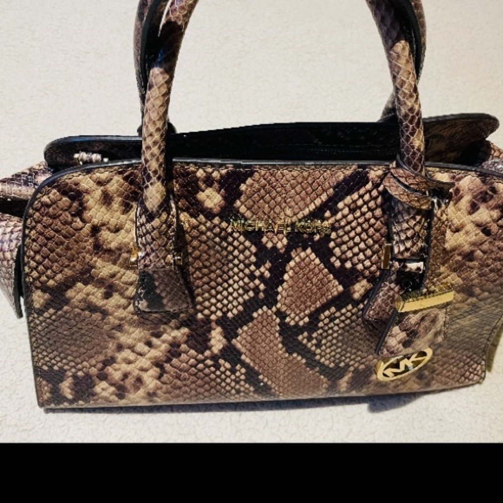 Michael Kors Brown Python Embossed Leather Medium Harper Satchel - Picture 4 of 15